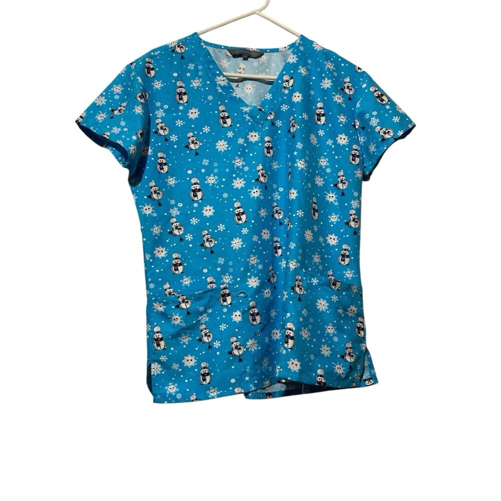 Serene Uniforms Scrub Top Medium Christmas Snowman‎ Winter Blue White
